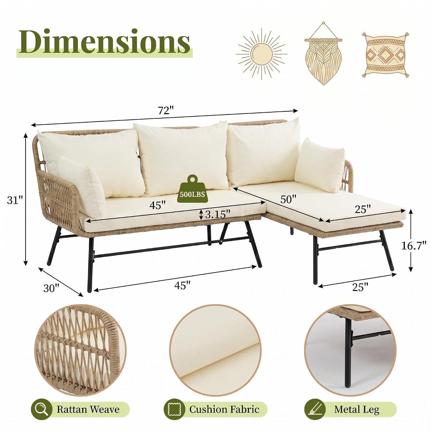 3 Pieces Boho Patio Furniture  - đánh giá và giá Outdoor Furniture L Shape